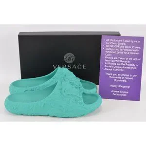 NEW Versace Men\'s BAROQUE MEDUSA Turquoise Rubber Pool Slides Sandals Size 42 9 Versace Baroque Medusa Size 42 Turquoise Green Rubber Pool  main image 4